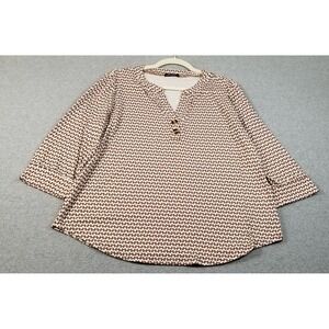 Ofeefan Blouse Women Large L Brown White Geometric 3/4 Sleeve Henley See Through